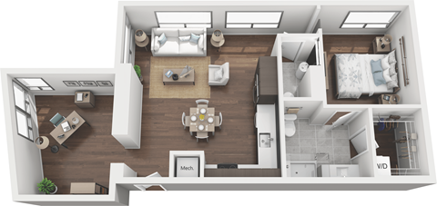 Floor plan for 1 bed, 1.5 baths, 902 sqft